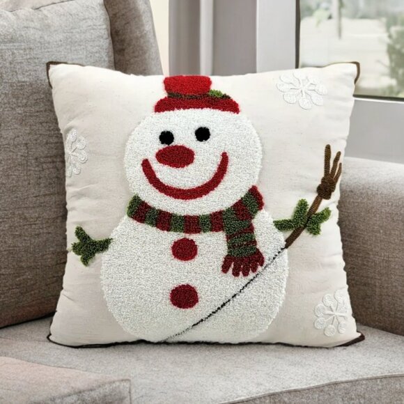Snowman Pillow Cover Christmas Decor Embroidered Holiday Xmas Accent Throw Case - Picture 5 of 11